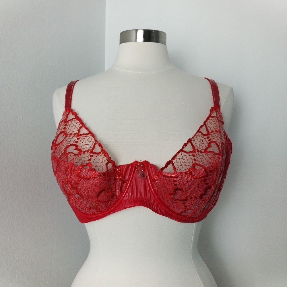 Savage X Fenty Red Heart Glossy Flossy Quarter Cup Bra Size 40DD - Picture 4 of 16